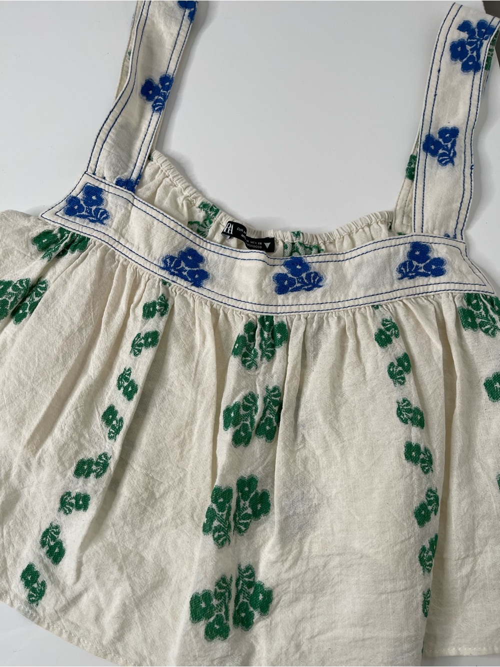 ZARA Boho Floral Boho Cotton Tank Top  Cream with Green and Blue
